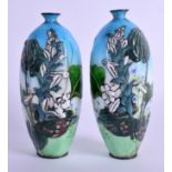 A RARE PAIR OF 19TH CENTURY JAPANESE MEIJI PERIOD CLOISONNE ENAMEL VASES in the manner of Kumeno Te