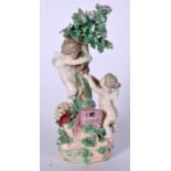 AN 18TH CENTURY CHELSEA DERBY PORCELAIN FIGURINE FORMED AS TWO WINGED CHERUBS, modelled climbing a