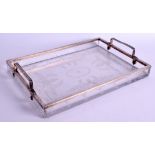 AN ART DECO HAWKES SILVER AND CRYSTAL SERVING TRAY. 30 cm x 20 cm.
