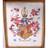 AN ANTIQUE FRAMED WATERCOLOUR CREST, bearing the motto “Alteri Si Tibi”. 28 cm x 21.5 cm.