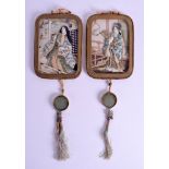 A RARE PAIR OF 19TH CENTURY JAPANESE MEIJI PERIOD SILK HANGING PANELS decorated with geisha within