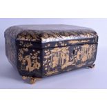 AN EARLY 19TH CENTURY CHINESE EXPORT BLACK LACQUER SEWING BOX Qing, decorated with figures over a p