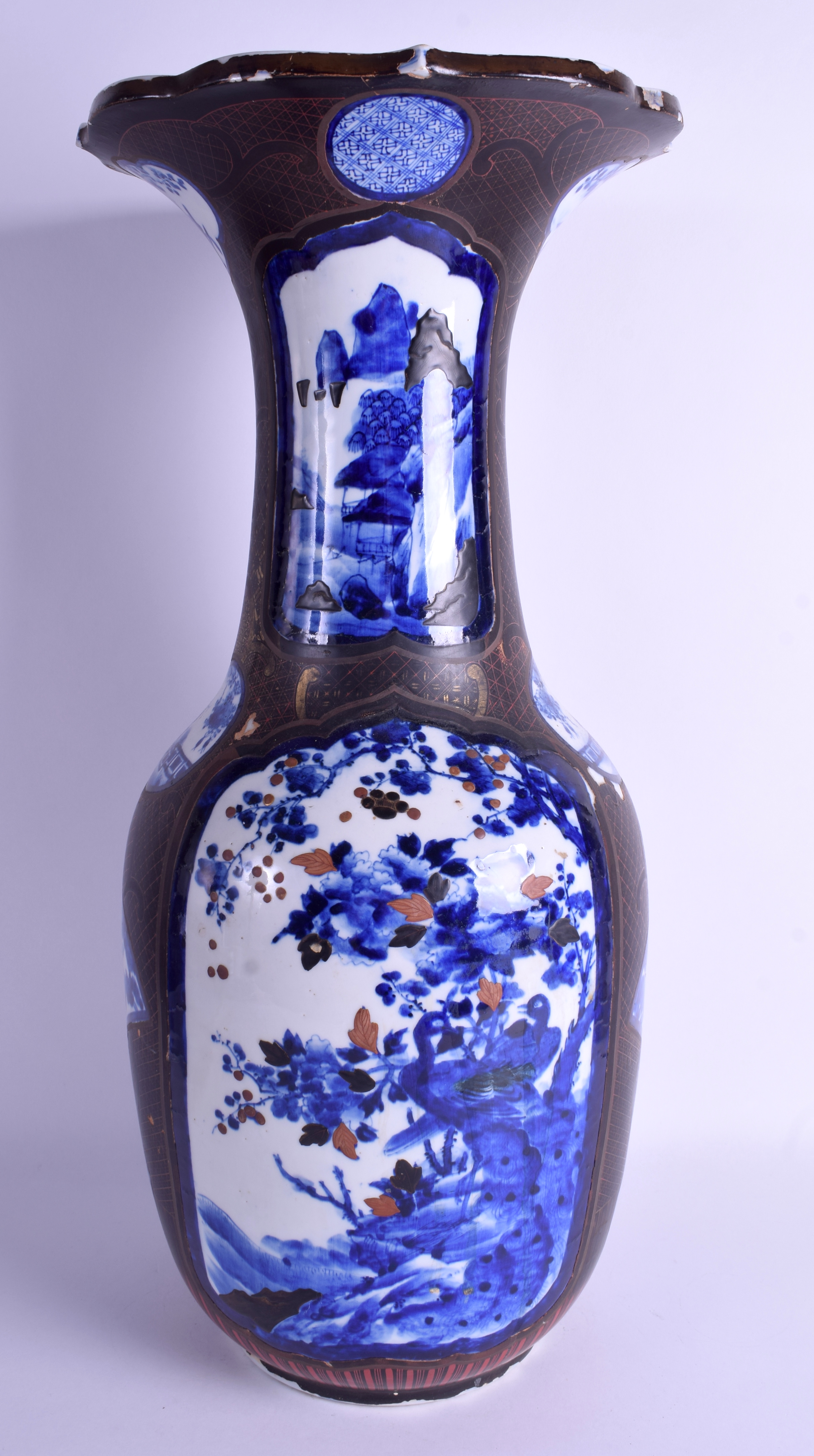 A LARGE 19TH CENTURY JAPANESE MEIJI PERIOD BLUE AND WHITE VASE lacquered with black and red motifs. - Image 3 of 6