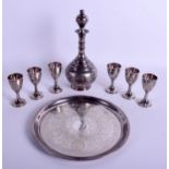 AN ANTIQUE RUSSIAN SILVER DECANTER SET with six matching glasses & tray. 29.8 oz. Tray 21 cm wide.