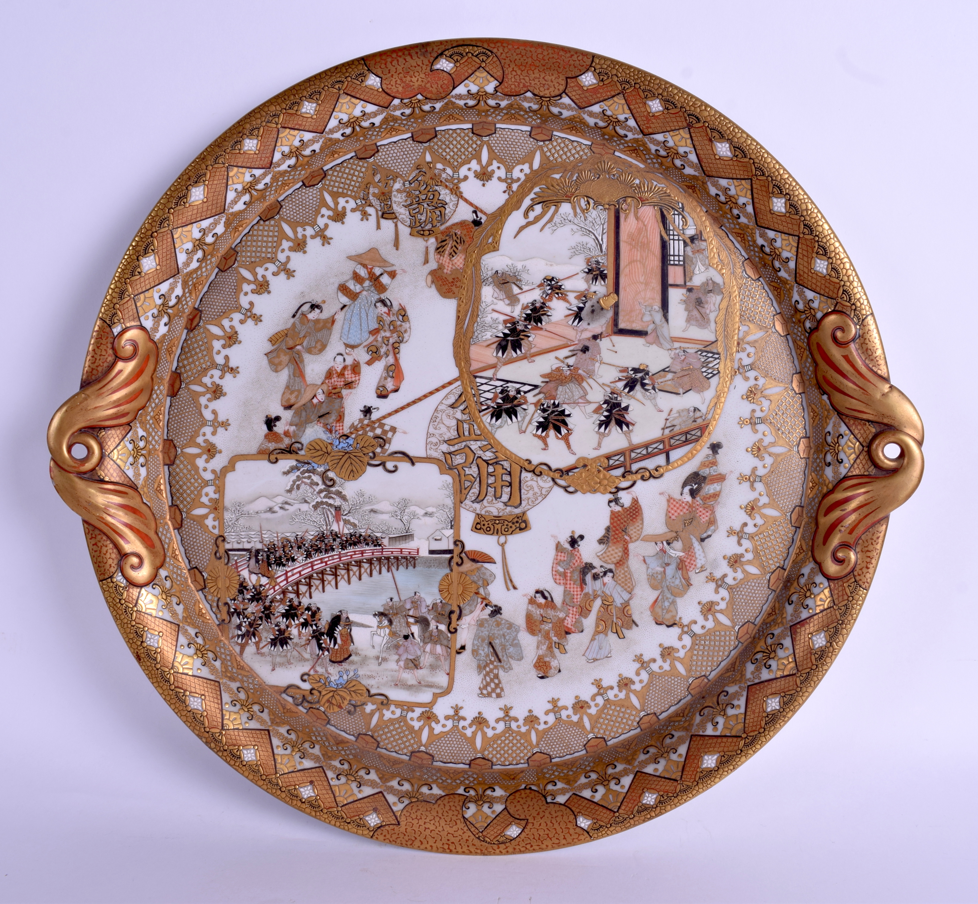 A LARGE 19TH CENTURY JAPANESE MEIJI PERIOD TWIN HANDLED KUTANI TRAY painted with figures. 40 cm wid