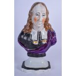 AN EARLY 19TH CENTURY STAFFORDSHIRE POTTERY BUST OF MILTON, formed upon a lobed base. 25.5 cm high.