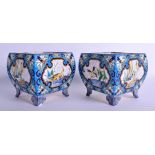 A PAIR OF ANTIQUE FRENCH LONGY POTTERY FAUX CLOISONNE PLANTERS painted with birds. 12 cm x 12 cm.