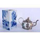 A CHINESE BLUE WHITE BRUSH POT and a teapot. (2)