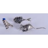 A SILVER MOUSE together with two silver pin cushions. (3)