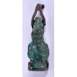 AN EGYPTIAN BRONZE FAIENCE AMULET BROOCH. 5 cm x 2.75 cm.