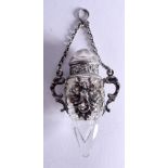 A FINE ANTIQUE CRYSTAL GLASS AND SILVER HANGING SCENT BOTTLE. 6 cm long.