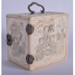 A FINE 19TH CENTURY JAPANESE MEIJI PERIOD SHIBAYAMA IVORY CABINET decorated with geisha and other f