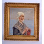 AN ANTIQUE OIL ON BOARD French or Italian, painted with a female knitting before boats at sea. Imag