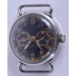 A WWII MILITARY BLACK DIAL STAINLESS STEEL WATCH. 2.75 cm wide.