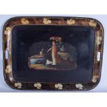 A 19TH CENTURY TOLEWARE TRAY, decorated with a female in a landscape. 50.5 cm x 67 cm.