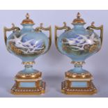 A FINE PAIR OF ANTIQUE ROYAL WORCESTER VASES AND COVERS by Charles Baldwyn, painted with swans in f