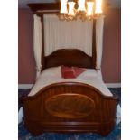 AN ANTIQUE FLAME MAHOGANY BRASS TESTER BED. 204 cm x 160 cm.