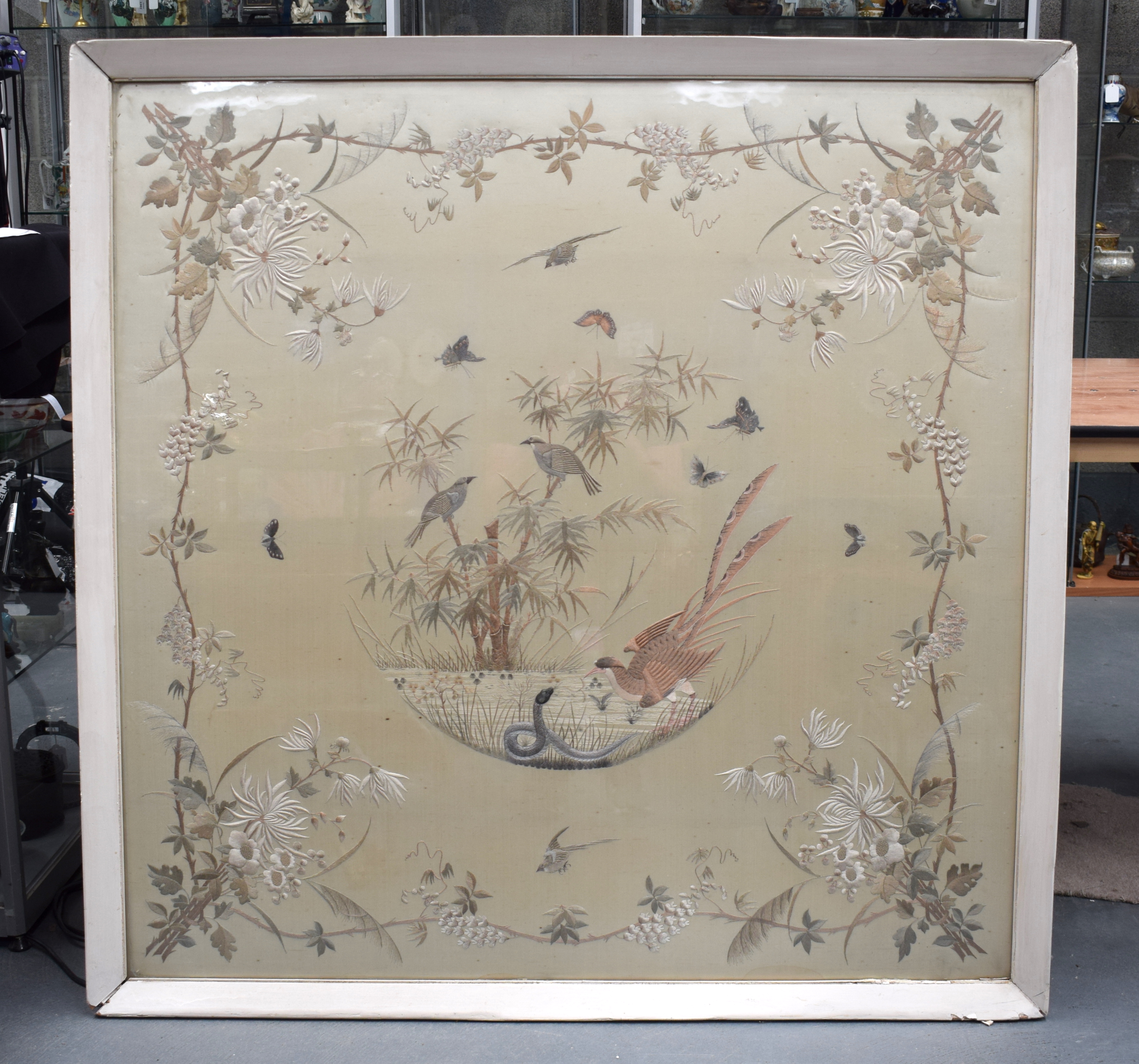 A HUGE EARLY 20TH CENTURY JAPANESE MEIJI PERIOD FRAMED SILK PANEL depicting birds and serpents with