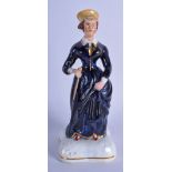 A 19TH CENTURY STAFFORDSHIRE POTTERY FIGURINE OF QUEEN VICTORIAN, standing upon a shaped plinth. 17