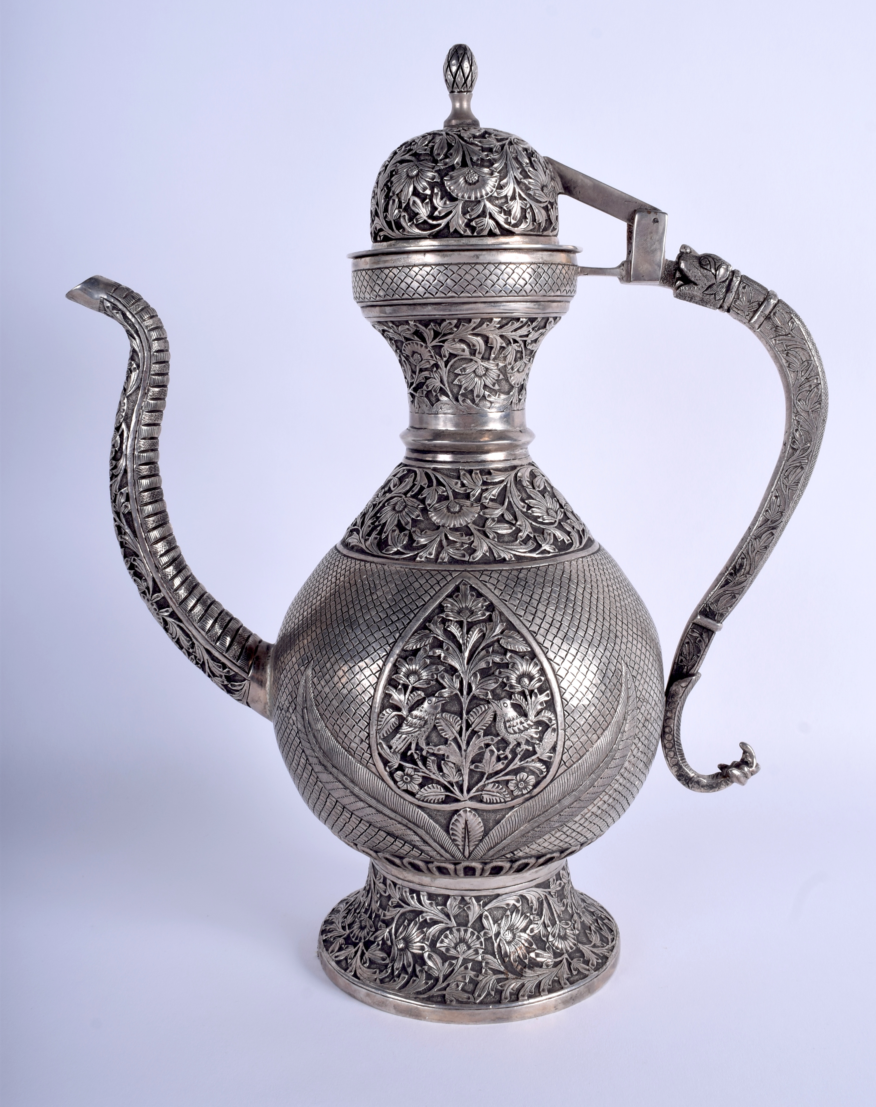 A LARGE INDIAN WHITE METAL KUFIC ISLAMIC COFFEE POT AND COVER decorated with birds and foliage. 35 - Bild 2 aus 4