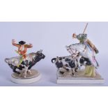 A CONTINENTAL PORCELAIN FIGURAL GROUP OF A BULL FIGHTER ON HORSEBACK, together with a matador figur