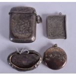 AN ANTIQUE SILVER VESTA CASE together with a silver locket etc. (4)