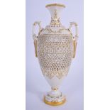 A VERY FINE ANTIQUE ROYAL WORCESTER RETICULATED VASE by George Owen, painted with gilt motifs. 18 c