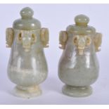 A PAIR OF CHINESE JADE VASES AND COVERS. 10 cm high.