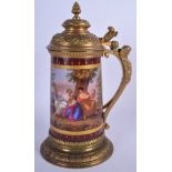 A GOOD 19TH CENTURY VIENNA BRONZE AND PORCELAIN TANKARD painted with classical figures within a lan