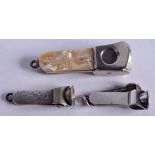 AN ANTIQUE ENGLISH SILVER CIGAR CUTTER together with another silver example & another. (3)
