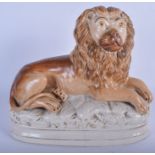 A LARGE 19TH CENTURY STAFFORDSHIRE POTTERY FIGURE OF A LION, modelled upon a naturalistic base. 28