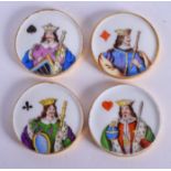 FOUR EXTREMELY RARE 18TH/19TH CENTURY FRENCH PORCELAIN GAMING COUNTERS. 2.75 cm diameter. (4)