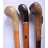 A 19TH CENTURY RHINOCEROS HORN HANDLED WALKING CANE together with two other walking canes. 84 cm lo