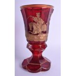 A FINE ANTIQUE BOHEMIAN RUBY AND GILT GLASS BEAKER well carved with a Prussian warrior on horseback