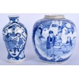 A 19TH CENTURY CHINESE BLUE AND WHITE VASE together with a similar Kangxi style ginger jar. 14 cm h