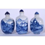 THREE 20TH CENTURY CHINESE BLUE AND WHITE PORCELAIN SNUFF BOTTLES, decorated with landscape scenery