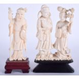 A 19TH CENTURY CHINESE CARVED IVORY FIGURE together with a smaller ivory figure. 12 cm high. (2)