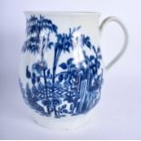 A 18TH CENTURY WORCESTER MUG of bell shape with Plantation pattern in blue. 15 cm high.
