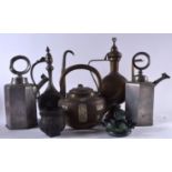 TWO LARGE ISLAMIC EWERS, together with a large tea pot, pewter etc. Largest 45 cm high. (7)