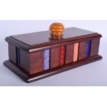 A STYLISH 1930S BAKELITE GAMING COUNTER BOX with orange finial. 24 cmx 12 cm.