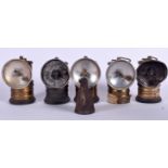 FIVE MINIATURE GAS BURNER LAMPS, together a miniature can. Lamps 11 cm. (6)