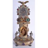 AN ANTIQUE AUSTRO HUNGARIAN SILVER GILT JEWELLED MANTEL CLOCK inset with malachite, garnets and tur