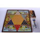 A VINTAGE CHINESE DRAUGHTS GAME, with associated playing pieces. Board 41.5 cm x 41.5 cm.