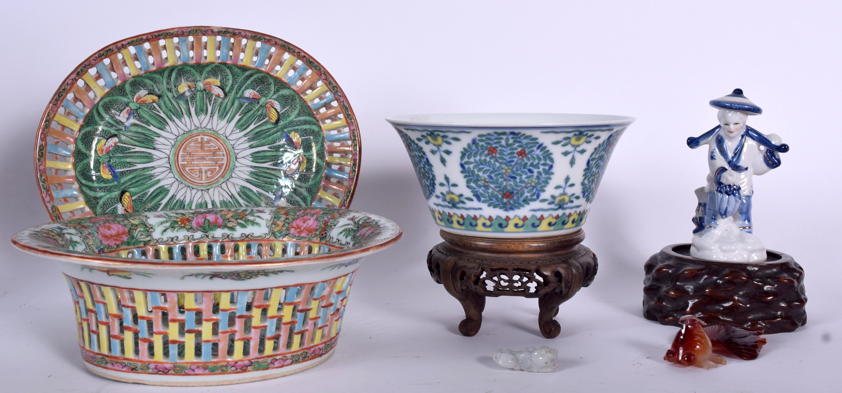 A CHINESE DOUCAI PORCELAIN BOWL BEARING QIANLONG MARKS, together with a canton basket on stand, por