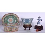 A CHINESE DOUCAI PORCELAIN BOWL BEARING QIANLONG MARKS, together with a canton basket on stand, por