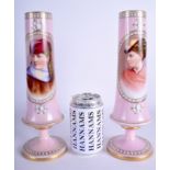 A PAIR OF ANTIQUE CONTINENTAL PINK OPALINE GLASS VASES depicting portraits of females. 28 cm high.