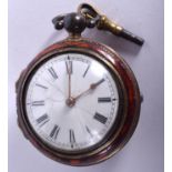 AN 18TH CENTURY PAIR CASED TORTOISESHELL POCKET WATCH C Charles London No 309. 4.75 cm wide.