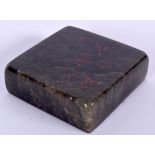 A CHINESE CARVED SPINACH JADE SEAL, rectangular in form. 8.5 cm wide.