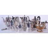 A CHRISTOPHER DRESSER STYLE SILVER PLATED TEA SET, together with another set comprising of tea pot,
