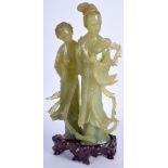 AN EARLY 20TH CENTURY CHINESE CARVED JADE FIGURE OF TWO FEMALES modelled holding a fan. Jade 23.5 c